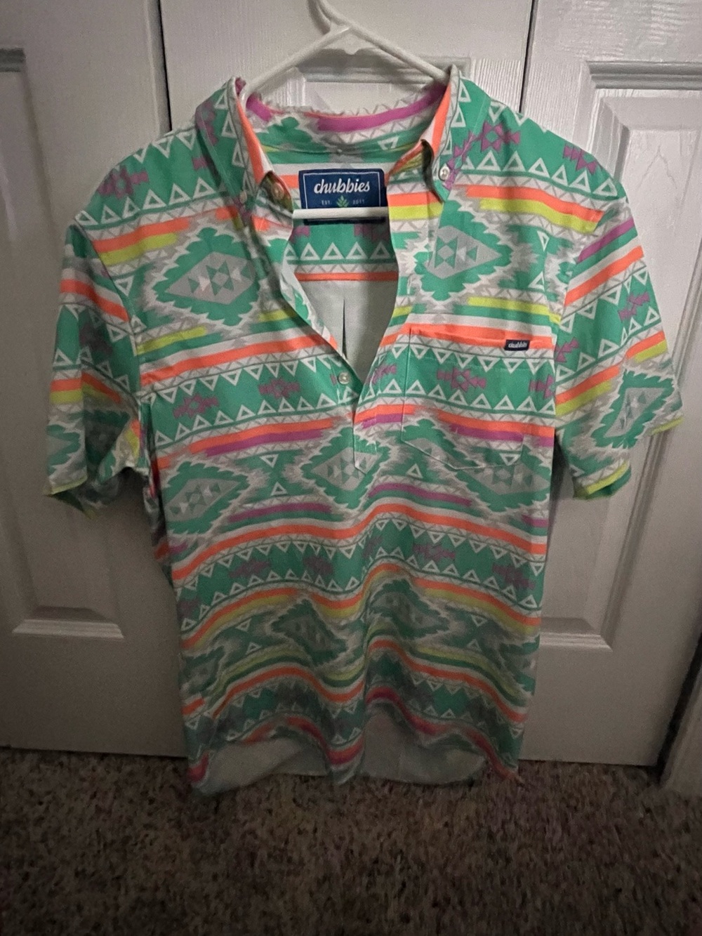 Chubbies Teal Aztec Polo with Pink and Orange Stripes